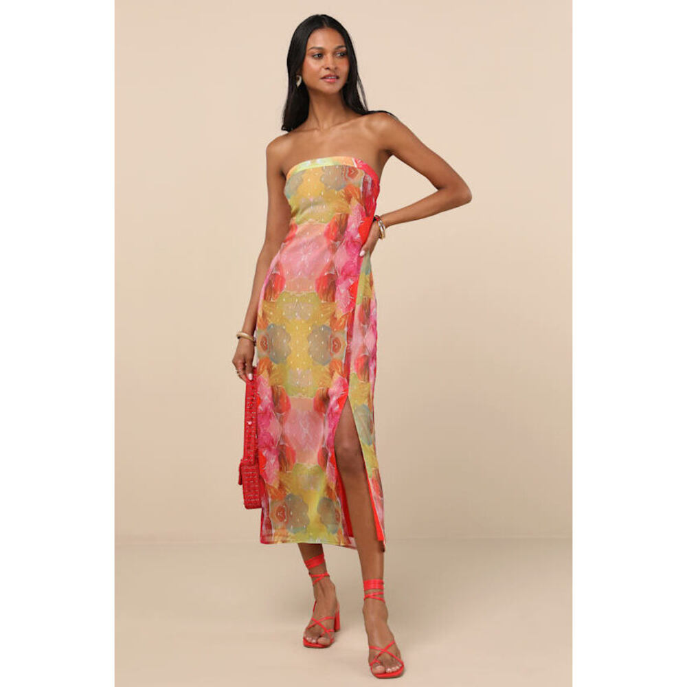 Lulus Bethany Pink Multi Clip Dot Strapless Cutout Midi Dress - Size M